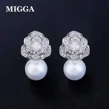 MIGGA элегантные вставки из кубиков циркона камелии цветок серьги гвоздики для женщин Серебряный цвет имитация жемчуга Серьги