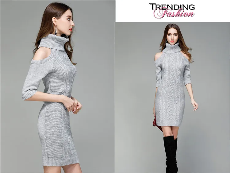 Europe and the United States women's high collar twist fashion pile heap sexy collar knit dress women long bottoming shirt (24)