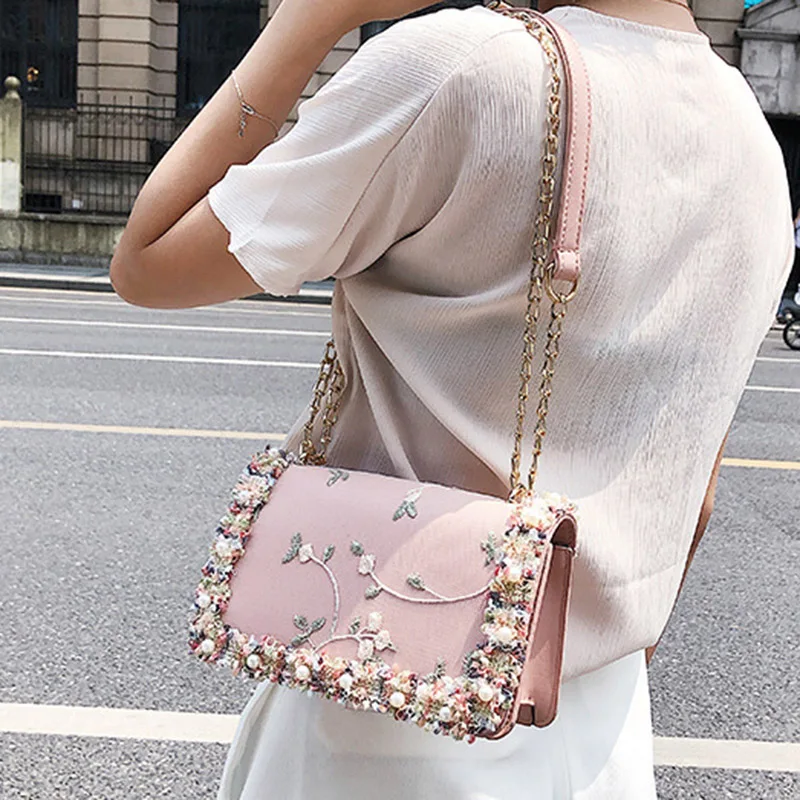 

Flowers Women bag New handbag High quality PU Leather Sweet Girl Square bag Flower Pearl Chain Shoulder Messenger Bag Pink