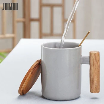 

JOUDOO Solid Color Ceramic Mugs with Spoon Lid Wooden Handle Coffee Milk Breakfast Cup 380ML Water Drinkware Creative Cup 35
