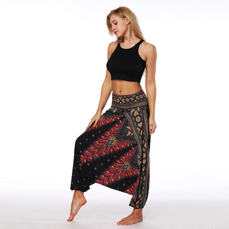 

2018 New Fashion Vintage Women Women Beach Pants High Waist Peacock Feather Print Boho Gypsy Hippie Women Wide Leg Harem Pants