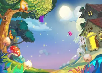

Night FireFlies cottage lights bird tree moon stars cartoon mushrooms backdrop Vinyl cloth Computer print wall Backgrounds