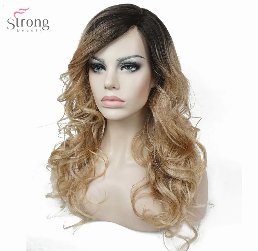 StrongBeauty парики на кружеве мононити боковая часть тепла ok Ombre коричневый/Блонд длинные вьющиеся волосы синтетический женский парик