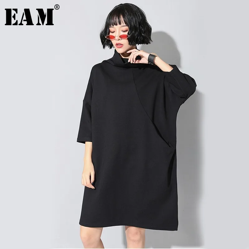

[EAM] 2019 New Autumn Winter High Collar Long Sleeve Black Brief Big Size Pocket Split Joint Dress Women Fashion Tide JL230
