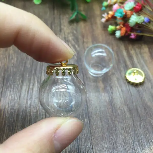 

20sets/lot Round Glass Pendant Memory Locket Globe Charm Metal Cap Opening Empty Bottle gold crown base wishing vial pendants