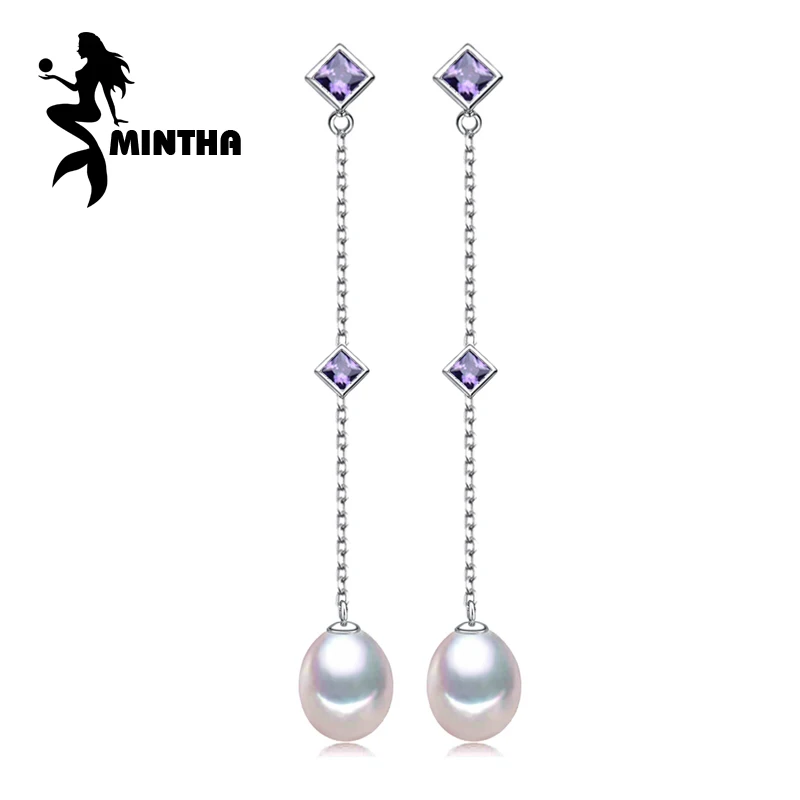

MINTHA charm long earrings for love 925 sterling silver earrings drop pearl, fashion Purple gems Earrings for women 2017 new