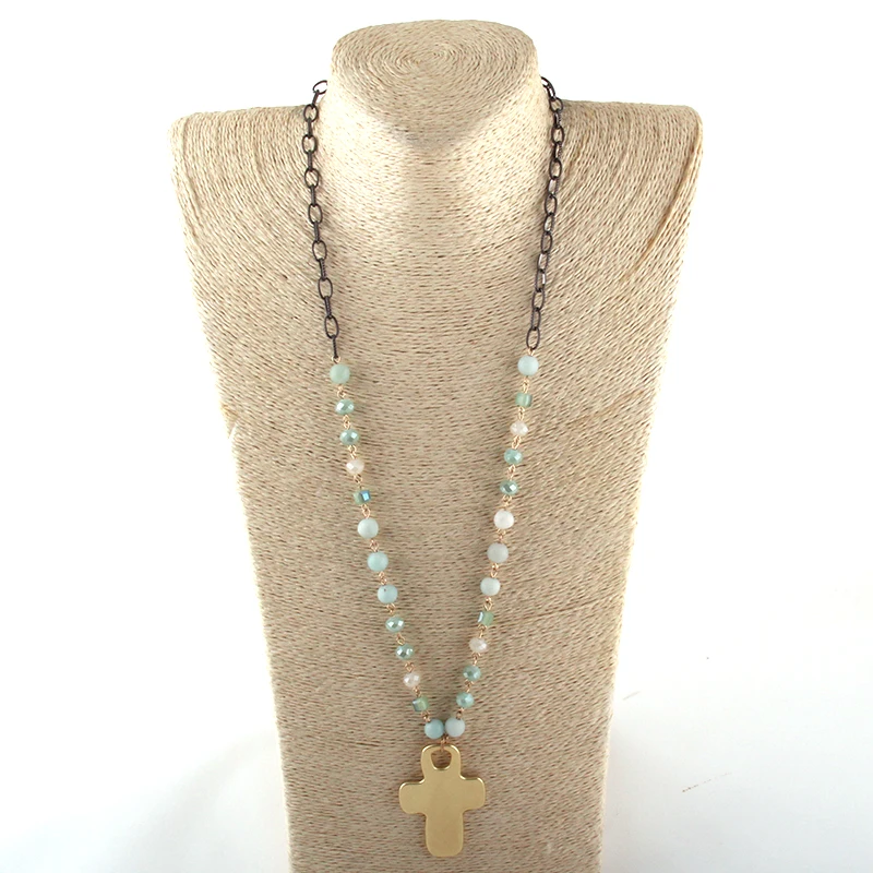 

New Styles MOODPC Fashion Jewelry Black Chain Natural Stone /Glass Metal Cross Pendant Necklaces For Women Ethnic Necklace