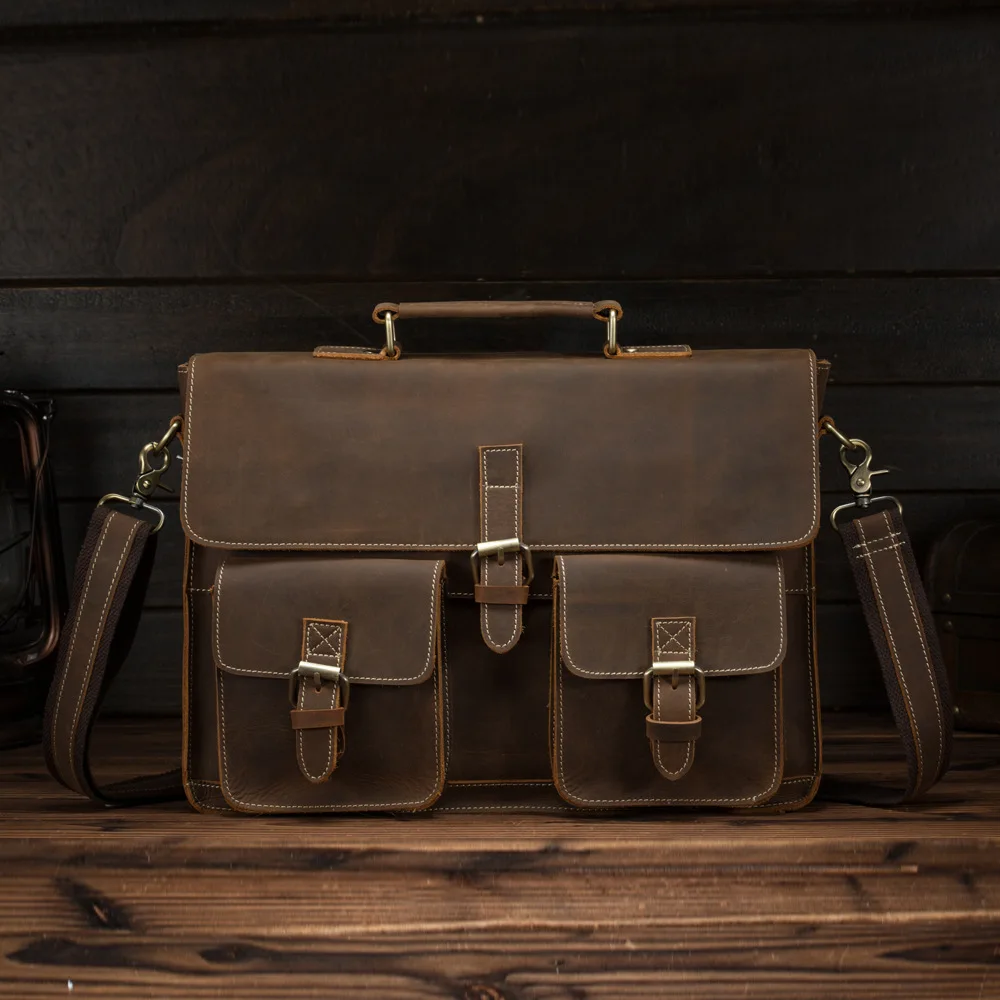 

Luxury Brand Design Crazy Horse Leather men Handbags Casual 14" Laptop Bags Vintage Multi Hasp Genuine Leather Briefcase
