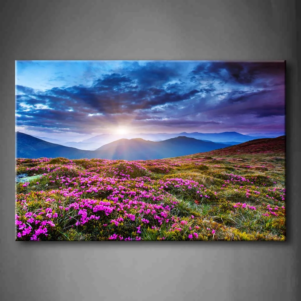 

Framed Wall Art Picture Sunset Mountains Sky Storm Canvas Print Flower Modern Posters With Wooden Frames For Living Room