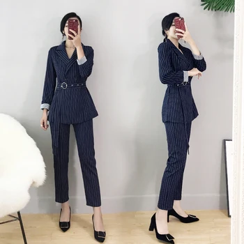 

autumn Office lady Casual suit set female Formal pant suits women's stripe Blazers suit jacket & Pencil pants two-piece set