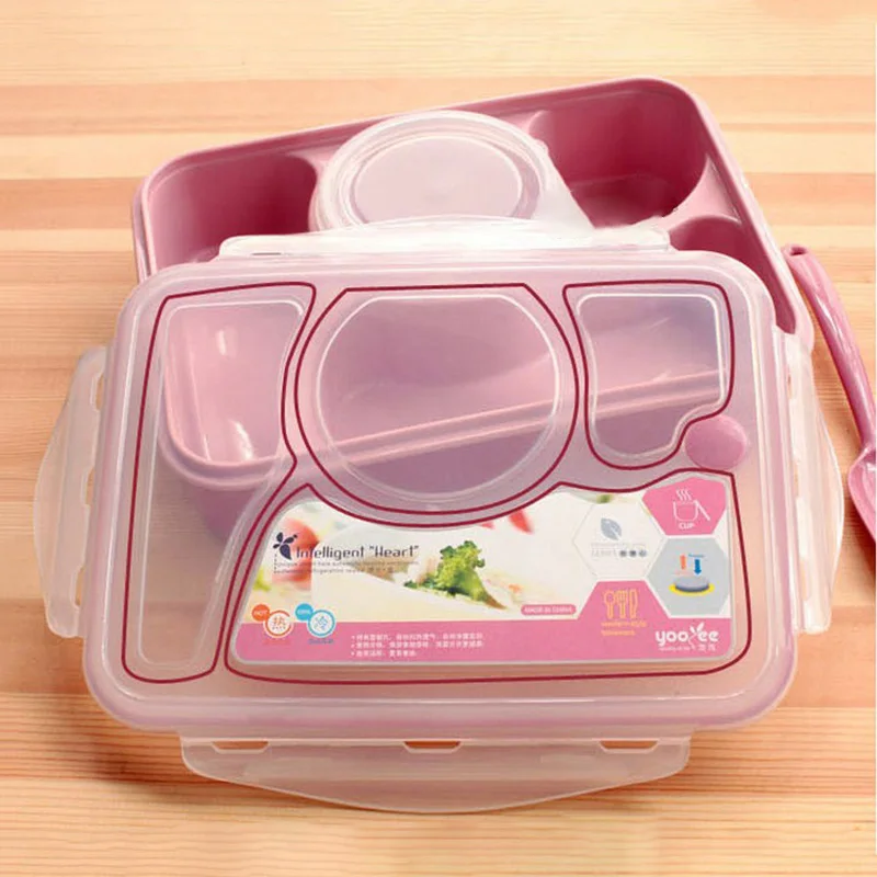 4 Cells Helath Plastic Bento Lunch Box Tableware Set Food Container Microwave School Lunch Boxes Sub-grid Design With Spoon (6)