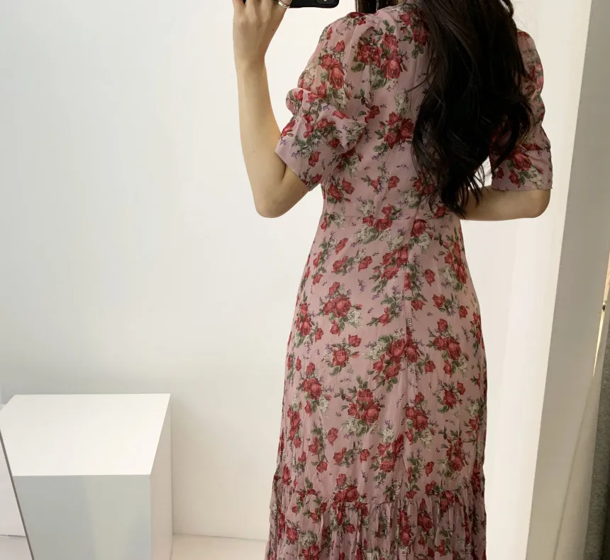 Винтажное женское платье с цветочным принтом в Корейском стиле, одежда в японском стиле, дизайнерское платье с цветочным принтом, длинное платье с цветочным принтом