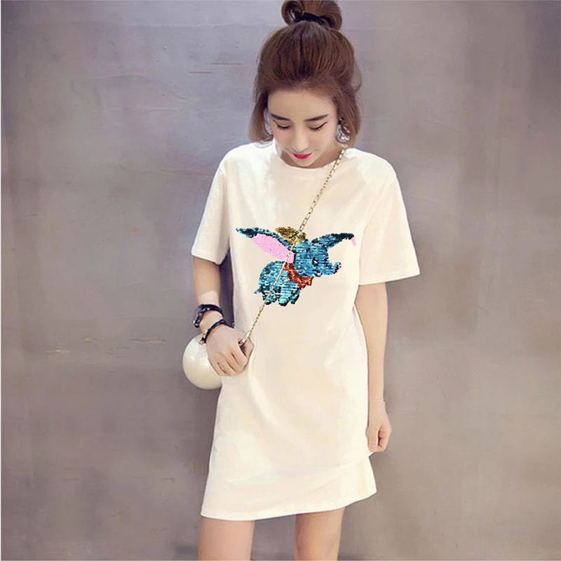 

Summer Korea Style Women Cartoon Embroidery Dumbo Glitter Midi Dress Mujer Plus Size Sequin T-shirt Dress Casual Robe Femme