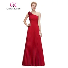Gracia Karin Gasa Vestido de Noche Largo de Un Hombro Plisado Verde Rojo Púrpura Azul Real Vestido de Noche Formal Vestidos Del Partido 2017
