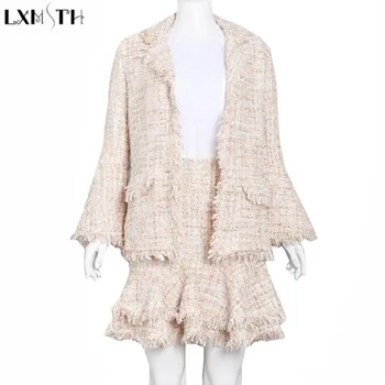 

LXMSTH Two Piece Set 2019 Spring Long Sleeve Tassels Tweed jacket Coat Fashionable Skirt Sets For Women Ladies Suits For Office