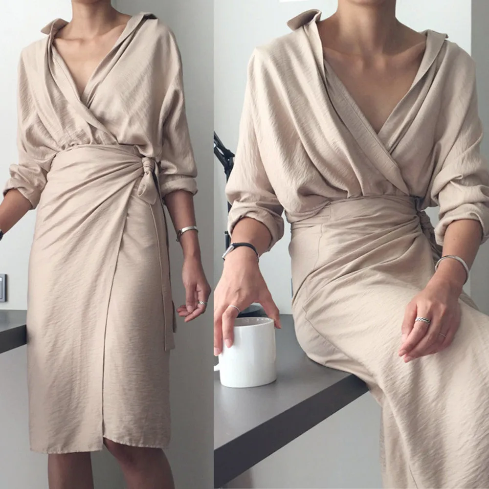 

2019 Spring Summer Casual Solid Color V-Neck Irregular Linen Long Sleeve Bandage Kimono Maxi Mid-Calf Dress Vestido das senhoras