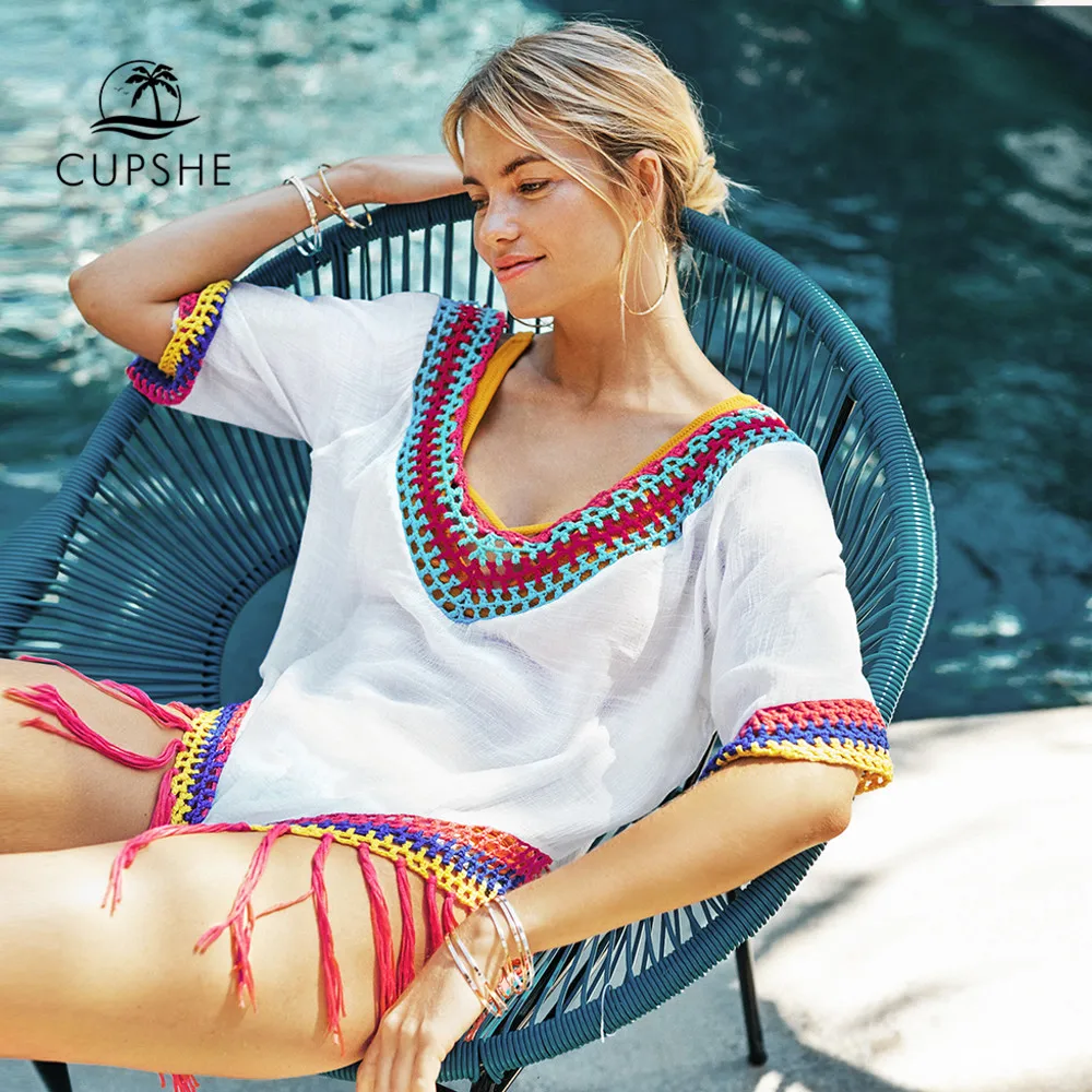 Online CUPSHE Weiß Cover Up Mit Regenbogen Crochet Fringe Trim Sexy Tiefem V ausschnitt Strand Kleid Frauen 2020 Sommer Badeanzug Bademode