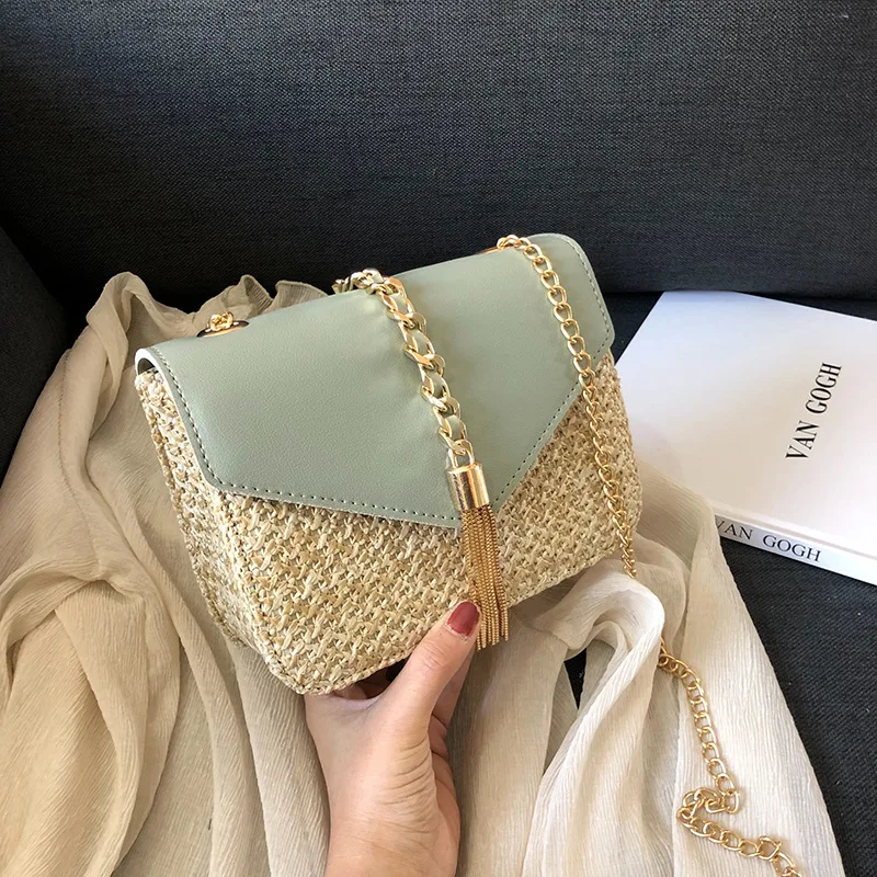 

Fashion Straw Weaving Tassel Chains Women's Shoulder Bags Ladies Pu Leather Messenger Bags Brands Straw Summer Beach Bag Female