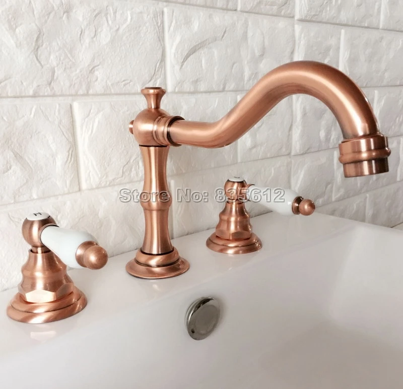 Antique Red Copper Bathroom Widespread Tap Deck Mounted Basin / Sink