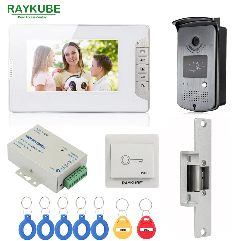 RAYKUBE RFID система контроля допуска к двери с видео дверной телефон Электрический дверной замок RFID считыватель Домашняя безопасность полный комплект - Цвет: RSNC