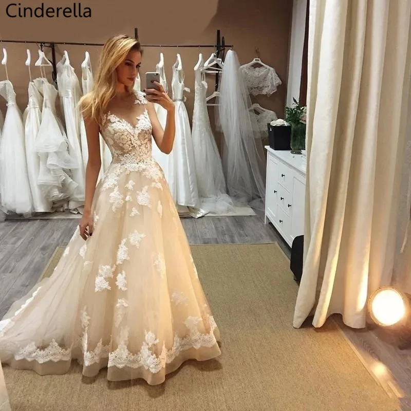 

Cinderella Light Champagne Sleeveless A-Line Zipper Back Sweep Train Soft Tulle Lace Applique Wedding Dressese vestido de noiva