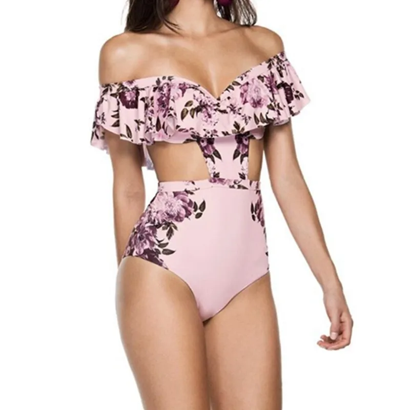 

Off Shoulder One Piece Swimsuit Sleeves Swimwear Women 2018 Push Up Monokini Floral Trikini Flounce Bathing Suit Pads Beachwear