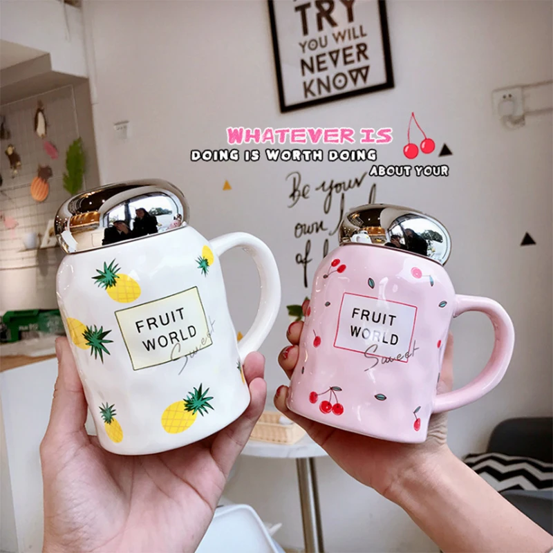 

Korean fruit ceramic cup mirror cover embossed handle cup office coffee milk creative mug office Drinkware gift