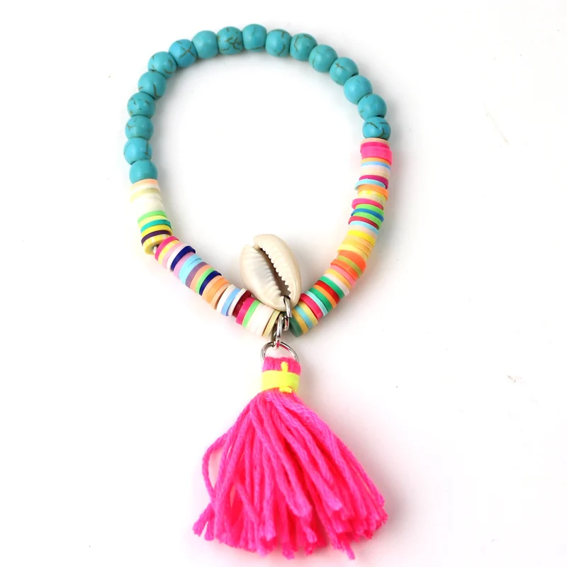 

Bohemia Style Beach Sea Shell Bracelets Polymer Clay CCB Elastic Bead Tassel Bangles