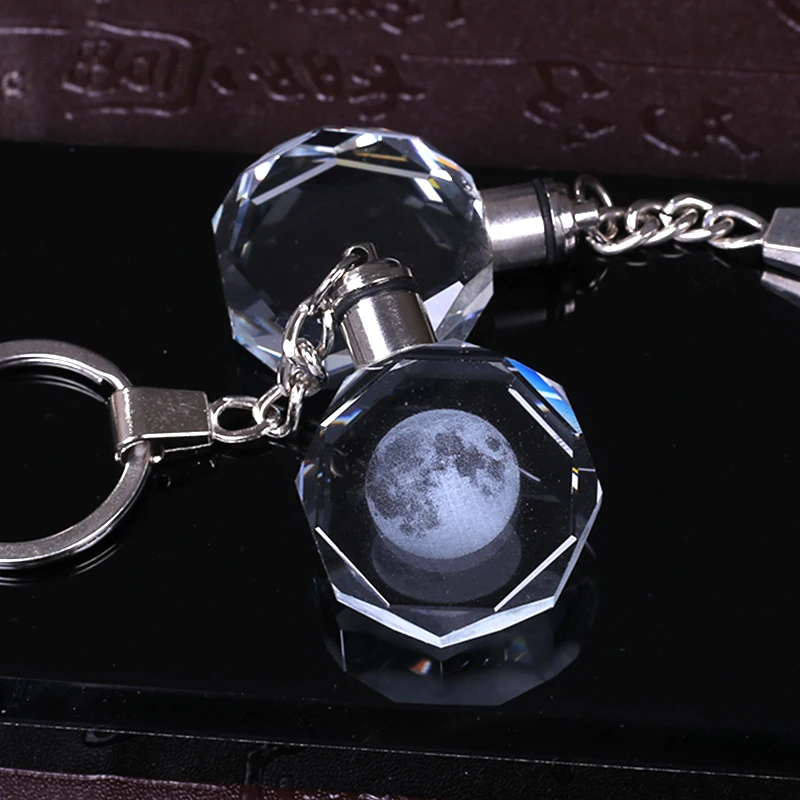Crystal Moon Key Chain Laser Engraved Miniature Moon Keychain Led Light