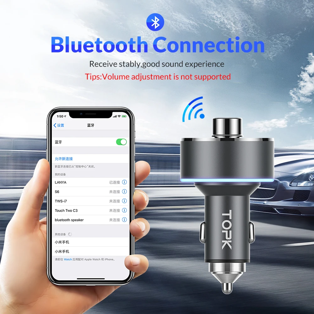 TOPK автомобильное зарядное устройство беспроводной Bluetooth fm-передатчик Громкая связь автомобильный аудио mp3-плеер QC3.0 Быстрая зарядка двойное автомобильное usb-устройство для зарядки телефона