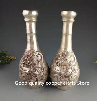 

Collect archaize white copper carving dragon grain vase A pair
