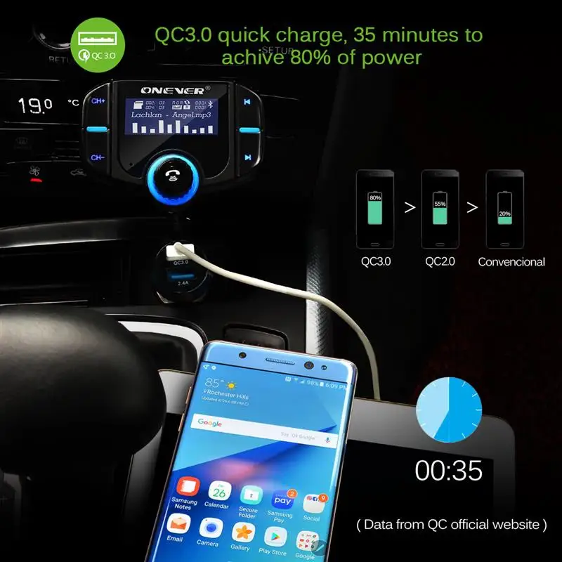 Onever FM передатчик 2 порта QC 3,0 быстрое зарядное устройство Bluetooth Handsfree автомобильный комплект модулятор 1,65 ''экран MP3 плеер Поддержка Siri