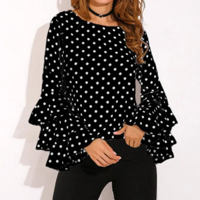 

NIBESSER Fashion Dot Print Flare Sleeve Women Blusa O-neck Long Sleeve Chiffon Shirts Ladies Tops Korean White Black Blouse 5XL