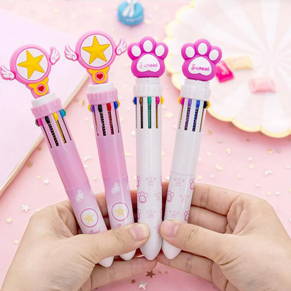 Cartoon-pink-paw-10-in-1-multi-colored-ballpoint-pen-push-type-pen-stationery-canetas-material