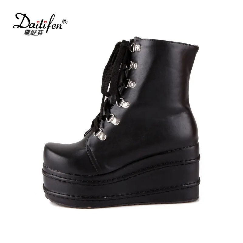 

daitifen Women Gothic Boots Lace Up Ankle Boots Patchwork Platform Punk Shoes Ultra High Heel Bootie Block Wedges Heel boots
