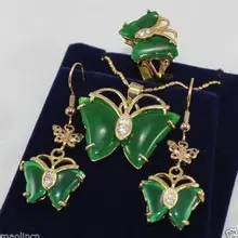 Набор красивая бабочка зеленый драгоценный камень кулон ожерелье серьги кольцо кварц тонкой покрытием Свадебные широкие часы крылья королева