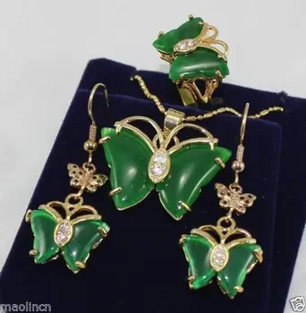 

Set Pretty butterfly green gem pendant Necklace earrings ring Quartz Fine Plated Bridal wide watch wings queen