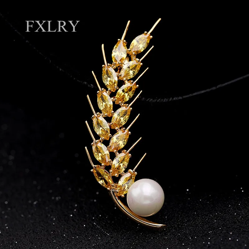 

FXLRY Vintage Jewelry Gold Tone Harvest CZ Yellow Ear Wheat Pearl Brooches For Women Party Dress