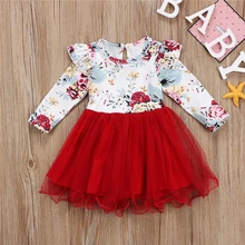 Брендовый красный комплект одежды с платьем для маленьких девочек с цветочным рисунком и оборками, фатиновая юбка-пачка с длинными рукавами