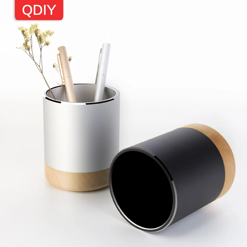 

Student Desktop Decoration Office Metal Aluminum Alloy Beech Wood Wooden Pen Holder Brush Pot Pencil Vase Pen Storage