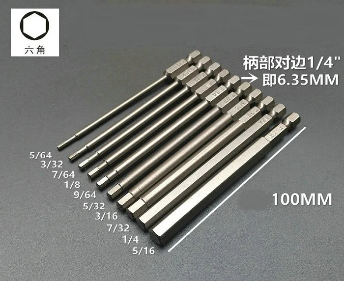 

New 10Pcs 1/4" Hex Screwdriver Bit L00mm 5/64-5/16" British system S2 Steel Magnetic Allen security bit