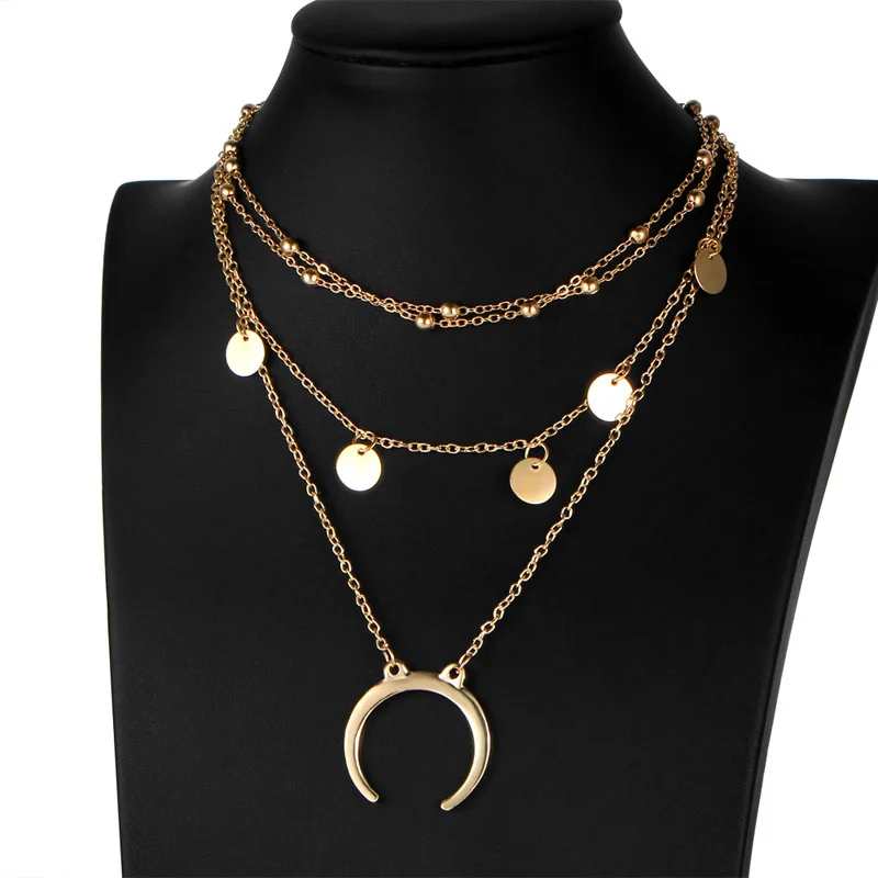 

Newest fashion jewelry accessories mix color Multilayer necklace moon pendant tassel Necklace for couple lovers' N483