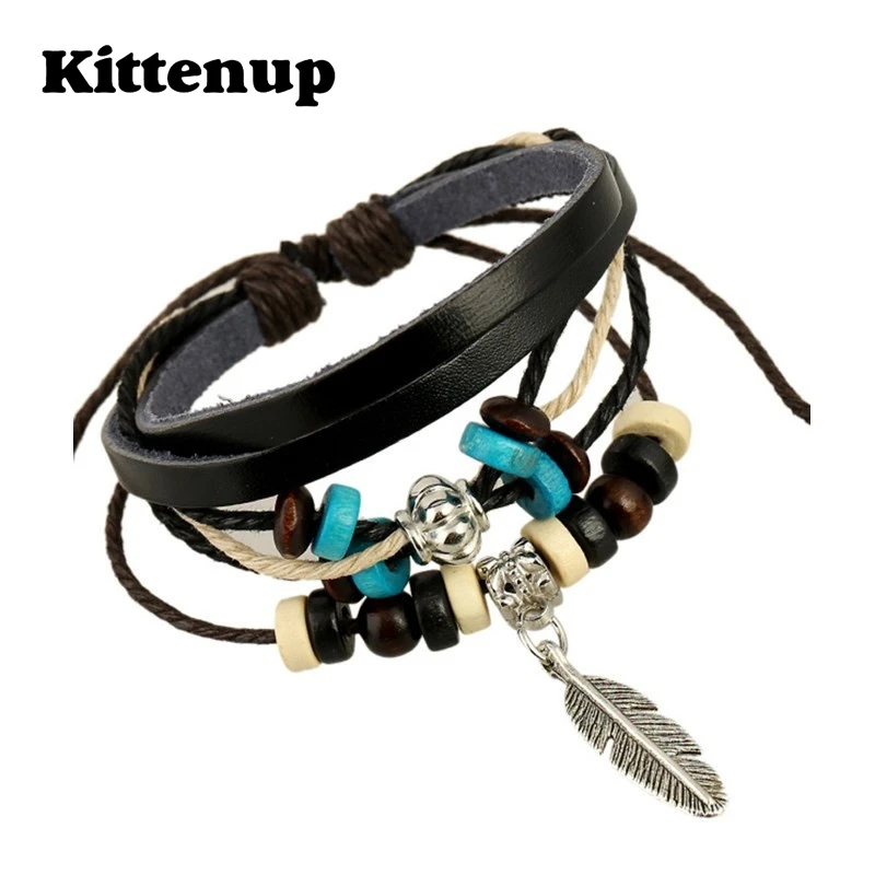 Kittenup Новая мода листьев сплава кулон Шарм Кожаный браслет для Для мужчин