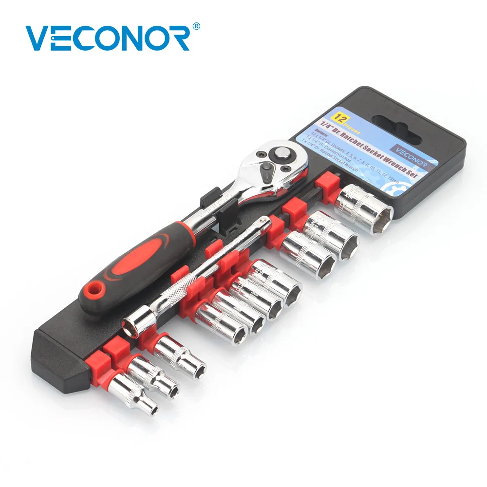

Veconor 12 Pieces 1/4" drive Ratcheting Socket Wrench Set Chrome Vanadium Household Home Repair Hand Tools Kit For Bicycle Car