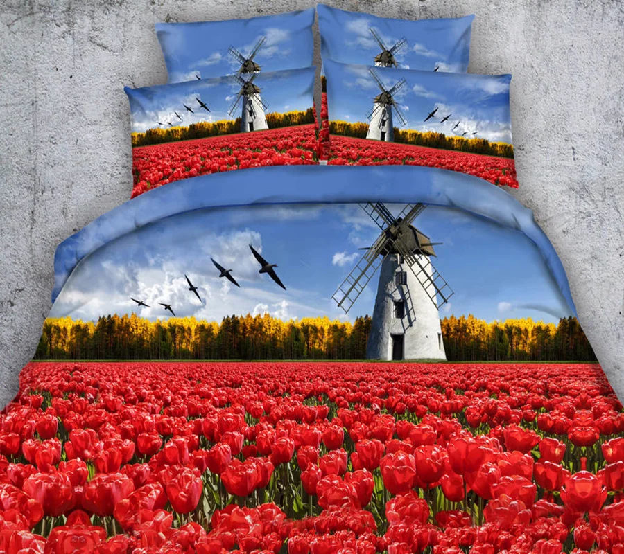 

Blue Sky Red Flower Garden Windmills Bedding Sets 3D Quilt/Duvet Cover Single Full Queen King Sizes Bed Linen 3/4PC 500TC Girls