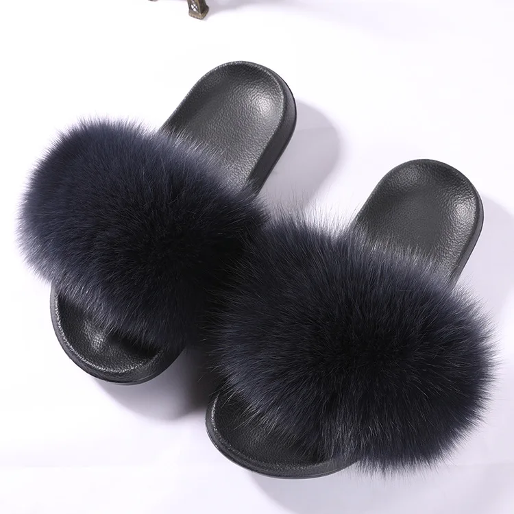2018 Slipper For All Seasons Woman Fox Fur Slides Fluffy Real Hair Slippers Flat Non Slip Indoor Flip Flops Casual Furry Sandals | Обувь