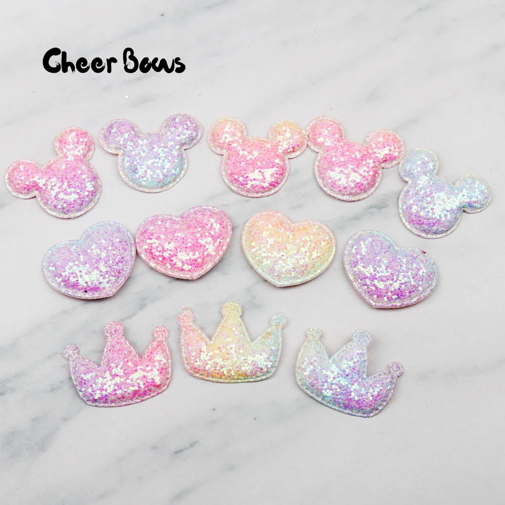 

Cheer Bows Glitter Rainbow Appliques Heart Paded Patches for Clothes Craft DIY Bag Hairbows/clips Ornament Accessories 10pcs