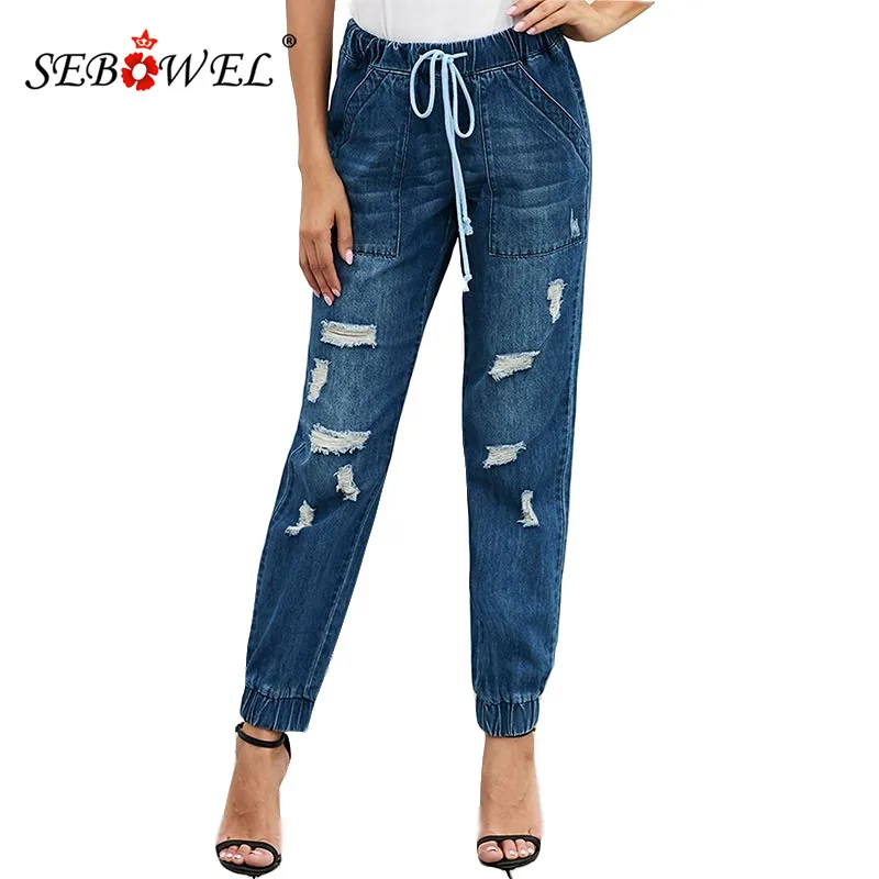 

SEBOWEL New Woman's Distress Elastic Drawstring Pocketed Jeans Pants Joggers Blue/Black Female Loose Denim Jean Pants Size S-XXL