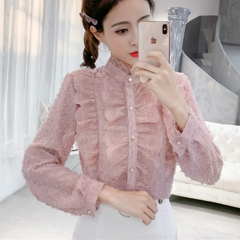 

2019 Spring Long Sleeve Women Hollow Out Shirts Lady Ruffles Pink Chiffon Tops Women Sweet Ruffles Long Sleeve Lace Tops