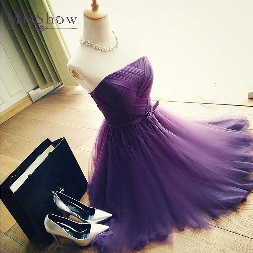 

2017 New A Line Strapless Pleated Purple Tulle Short Prom Dress with Belt Elegant Formal Party Dress Vestido De Festa